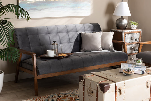 Baxton Studio Asta Mid-Century Modern Grey Velvet Fabric Upholstered Walnut Finished Wood Sofa | Modishstore | Sofas