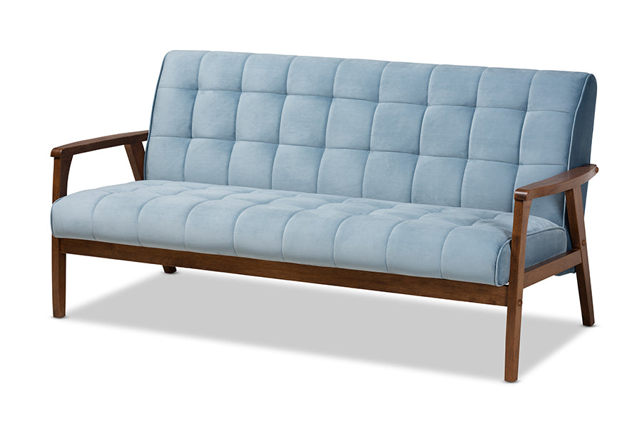 baxton studio asta mid century modern light blue velvet fabric upholstered walnut finished wood sofa | Modish Furniture Store-2