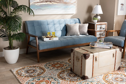 Baxton Studio Asta Mid-Century Modern Light Blue Velvet Fabric Upholstered Walnut Finished Wood Sofa | Modishstore | Sofas