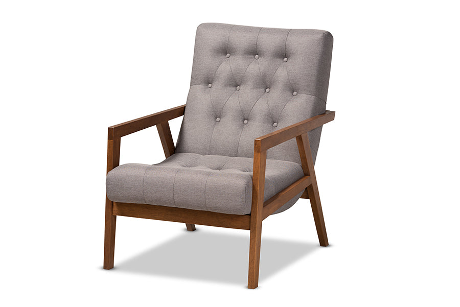 baxton studio naeva mid century modern grey fabric upholstered walnut finished wood armchair | Modish Furniture Store-2