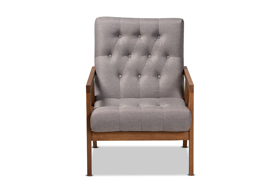 baxton studio naeva mid century modern grey fabric upholstered walnut finished wood armchair | Modish Furniture Store-3