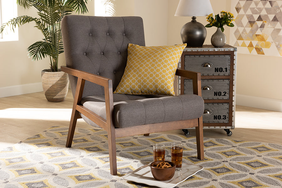 Baxton Studio Naeva Mid-Century Modern Grey Fabric Upholstered Walnut Finished Wood Armchair | Modishstore | Armchairs