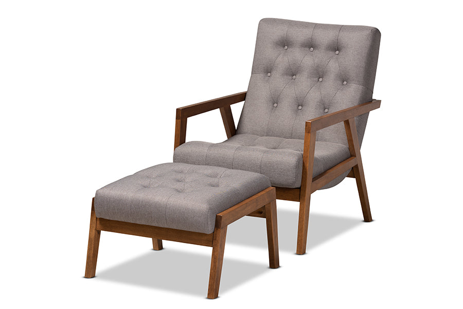 baxton studio naeva mid century modern grey fabric upholstered walnut finished wood 2 piece armchair and footstool set | Modish Furniture Store-2