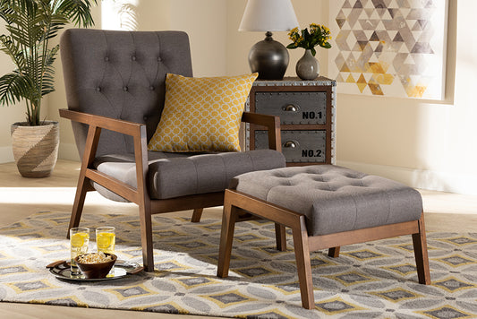 Baxton Studio Naeva Mid-Century Modern Grey Fabric Upholstered Walnut Finished Wood 2-Piece Armchair and Footstool Set | Modishstore | Armchairs