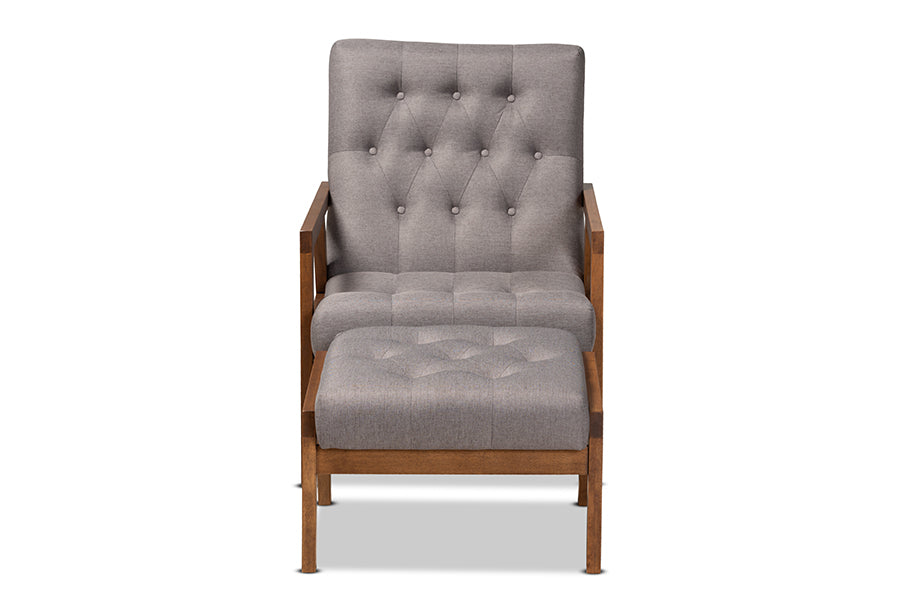 baxton studio naeva mid century modern grey fabric upholstered walnut finished wood 2 piece armchair and footstool set | Modish Furniture Store-3