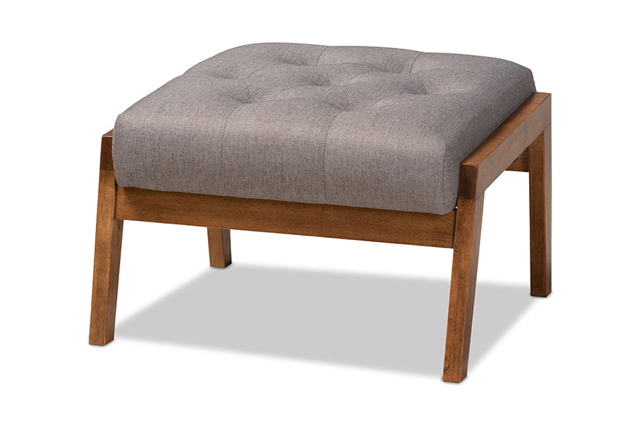baxton studio naeva mid century modern grey fabric upholstered walnut finished wood footstool | Modish Furniture Store-2