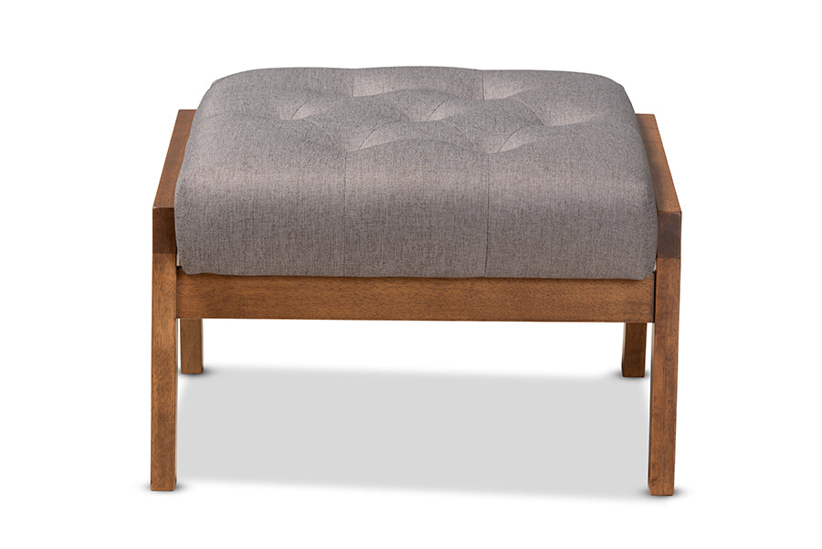 baxton studio naeva mid century modern grey fabric upholstered walnut finished wood footstool | Modish Furniture Store-3