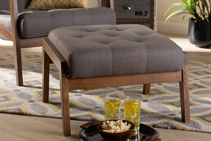 Baxton Studio Naeva Mid-Century Modern Grey Fabric Upholstered Walnut Finished Wood Footstool | Modishstore | Stools & Benches