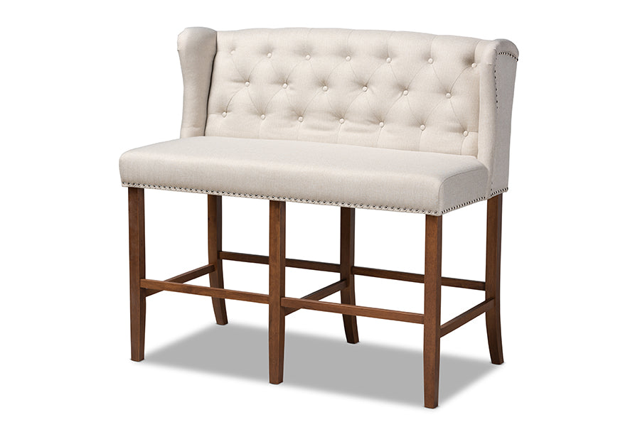 baxton studio alira modern and contemporary beige fabric upholstered walnut finished wood button tufted bar stool bench | Modish Furniture Store-2