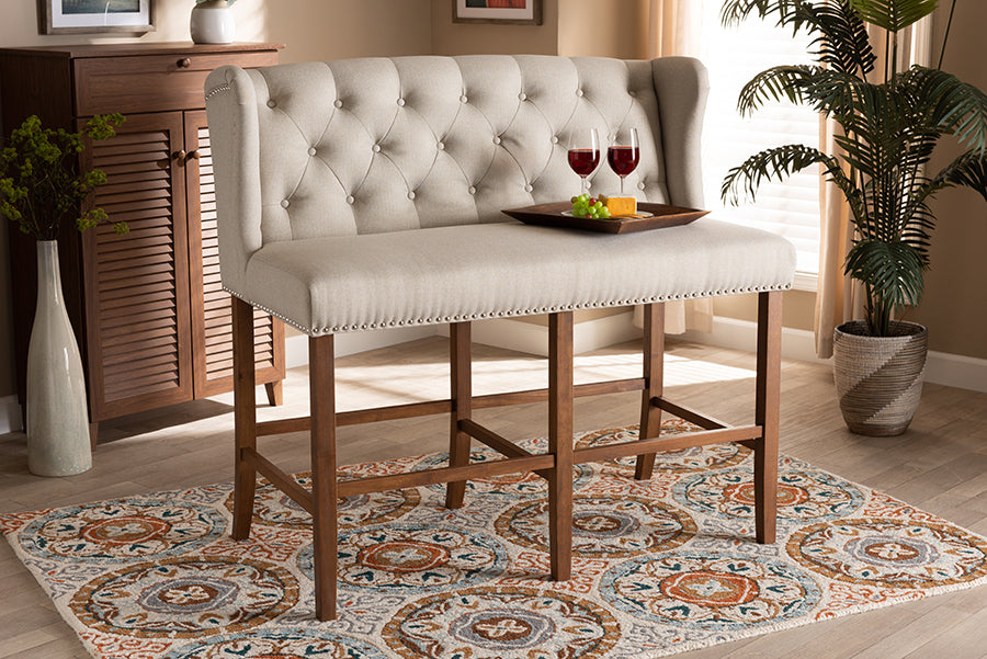 Baxton Studio Alira Modern and Contemporary Beige Fabric Upholstered Walnut Finished Wood Button Tufted Bar Stool Bench | Modishstore | Bar Stools