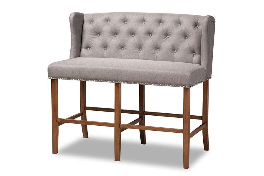 baxton studio alira modern and contemporary grey fabric upholstered walnut finished wood button tufted bar stool bench | Modish Furniture Store-2