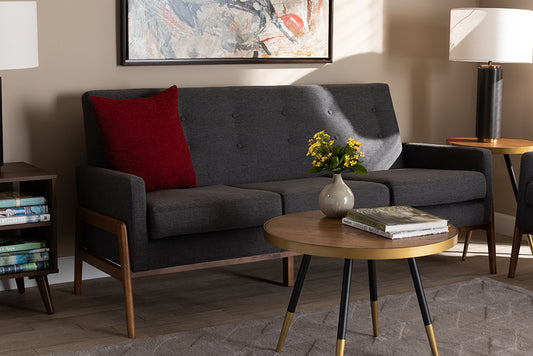 Baxton Studio Perris Mid-Century Modern Dark Grey Fabric Upholstered Walnut Finished Wood Sofa | Modishstore | Sofas