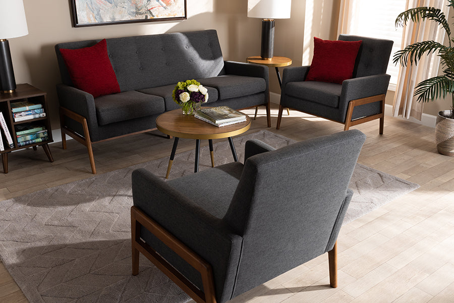 Baxton Studio Perris Mid-Century Modern Dark Grey Fabric Upholstered Walnut Finished Wood 3-Piece Living Room Set | Modishstore | Sofas