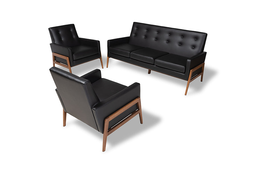 baxton studio perris mid century modern black faux leather upholstered walnut finished wood 3 piece living room set | Modish Furniture Store-2