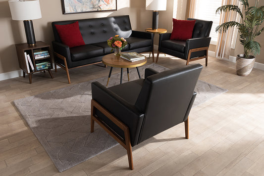 Baxton Studio Perris Mid-Century Modern Black Faux Leather Upholstered Walnut Finished Wood 3-Piece Living Room Set | Modishstore | Sofas