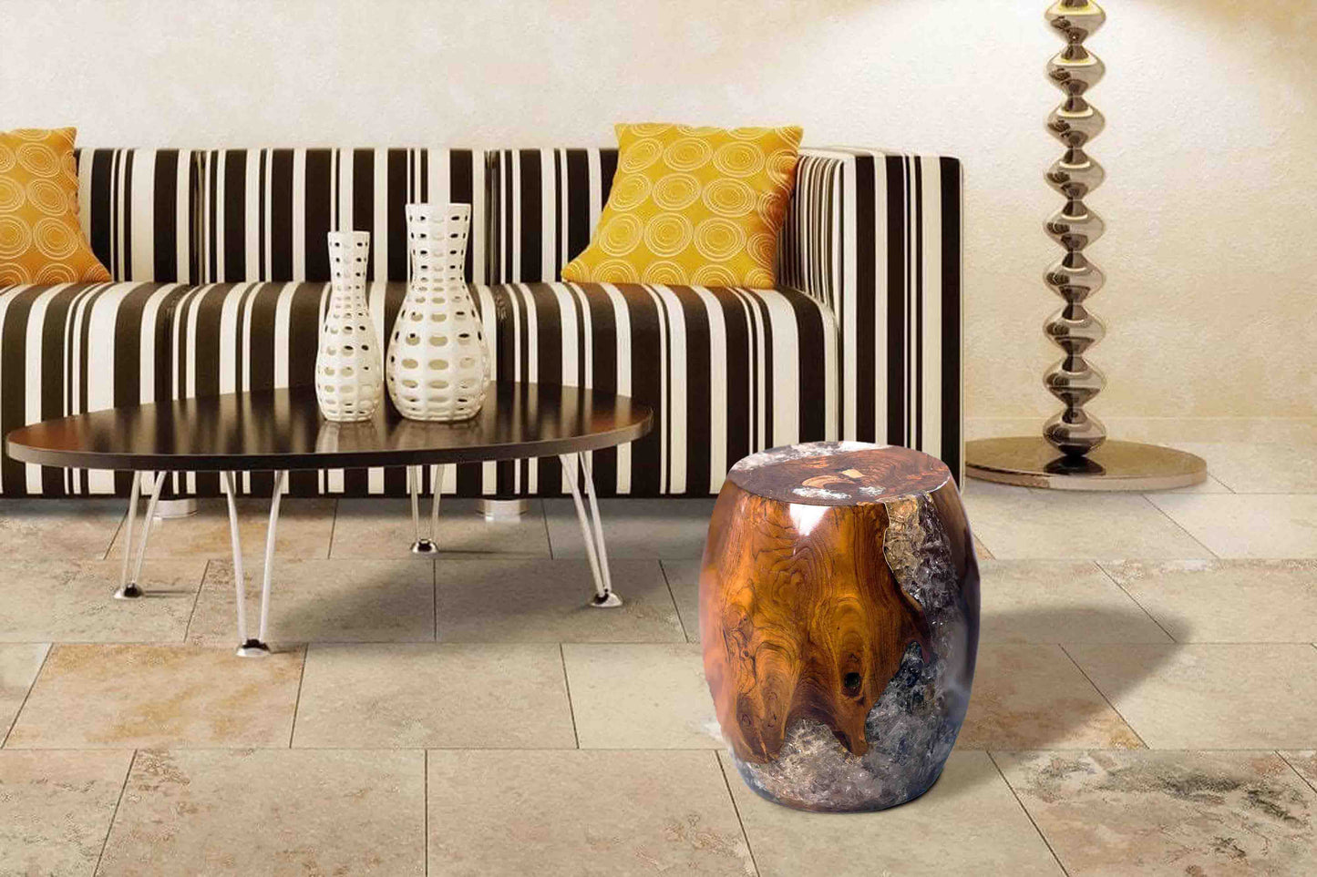 Teak Root and Resin Drum Stool CR-2030 | Resin Side Tables | Modishstore - 6