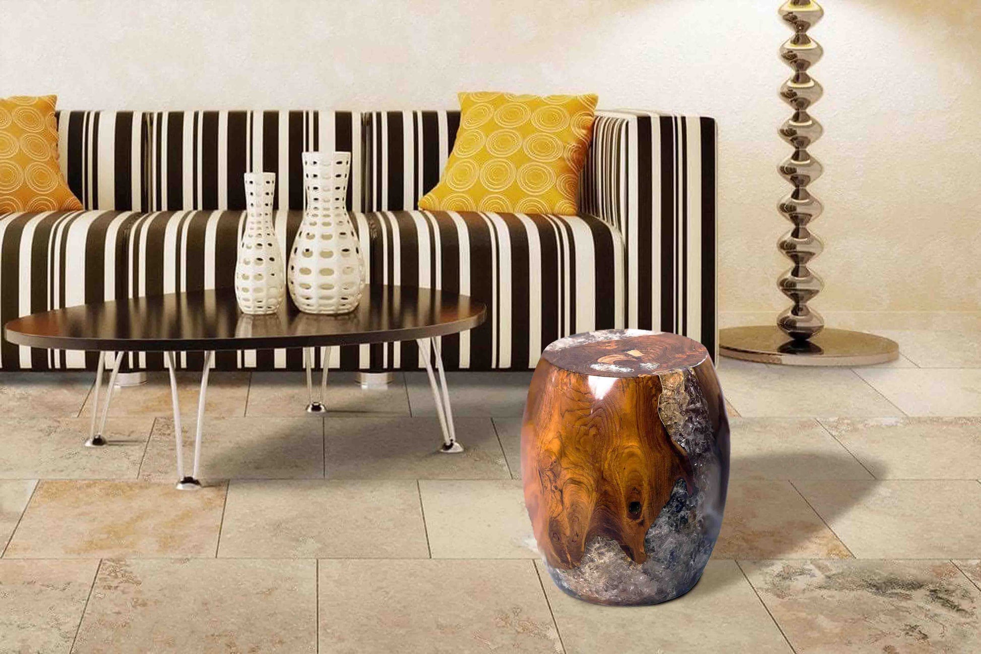 Teak Root and Resin Drum Stool CR-2030 | Resin Side Tables | Modishstore - 6