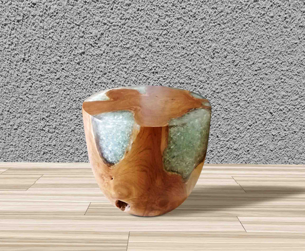 Teak Root & Cracked Resin Round Stool- Clear Resin | Stools | Modishstore - 5