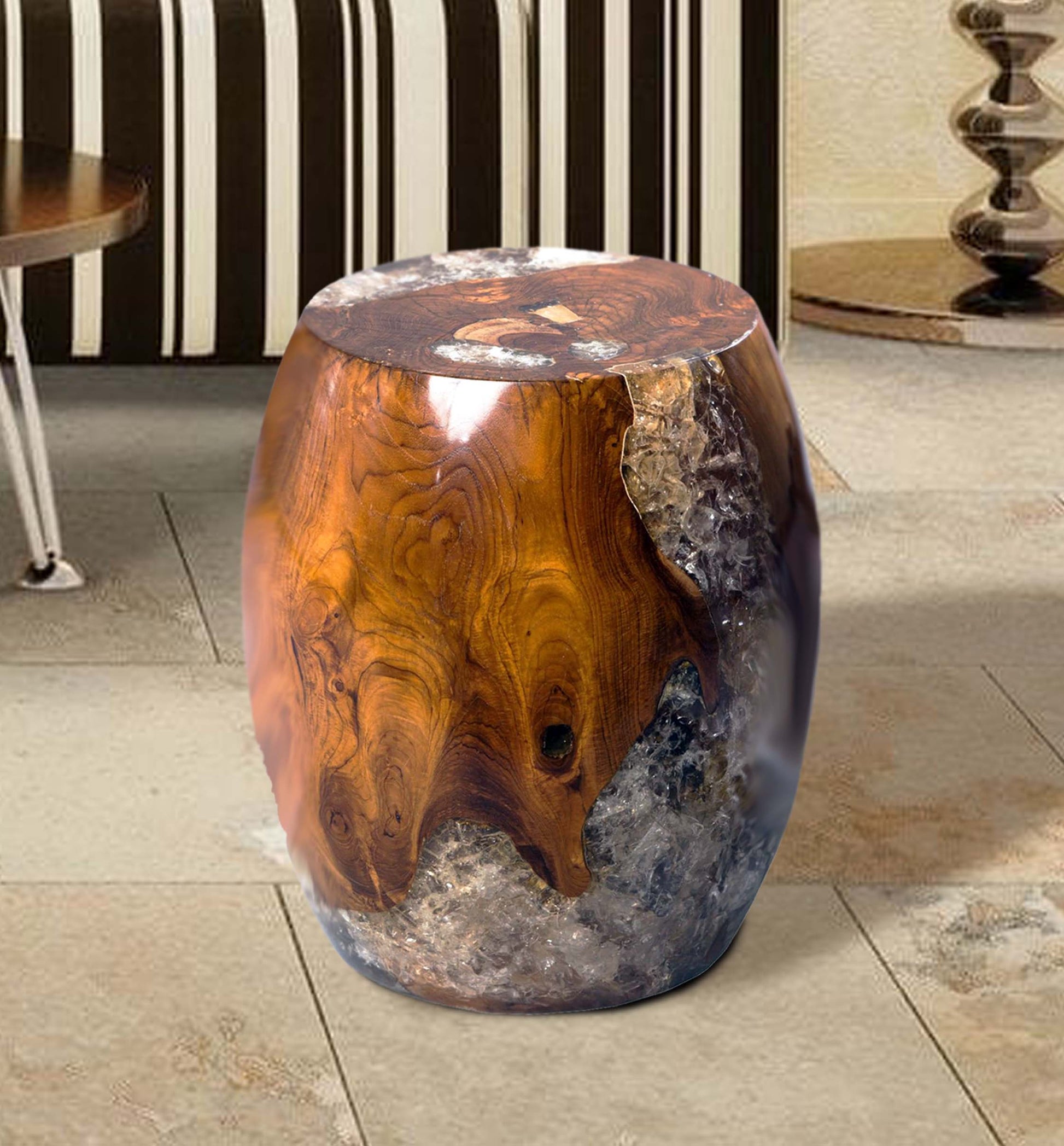 Teak Root and Resin Drum Stool CR-2030 | Resin Side Tables | Modishstore