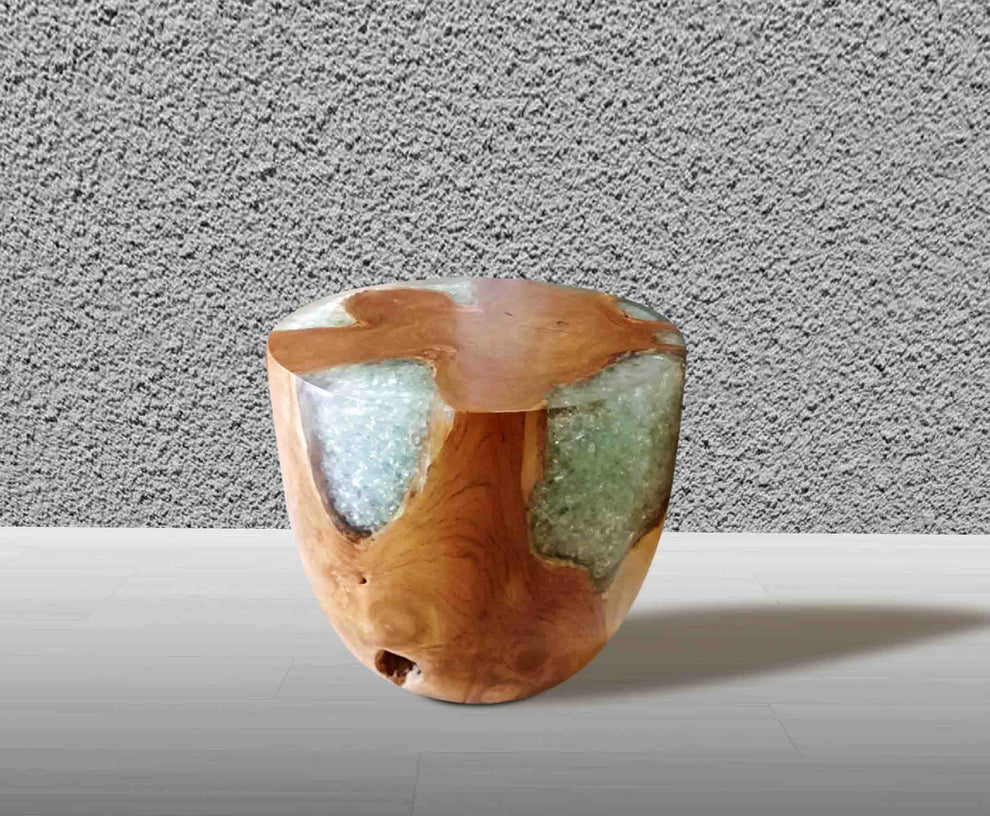Teak Root & Cracked Resin Round Stool- Clear Resin | Stools | Modishstore - 6