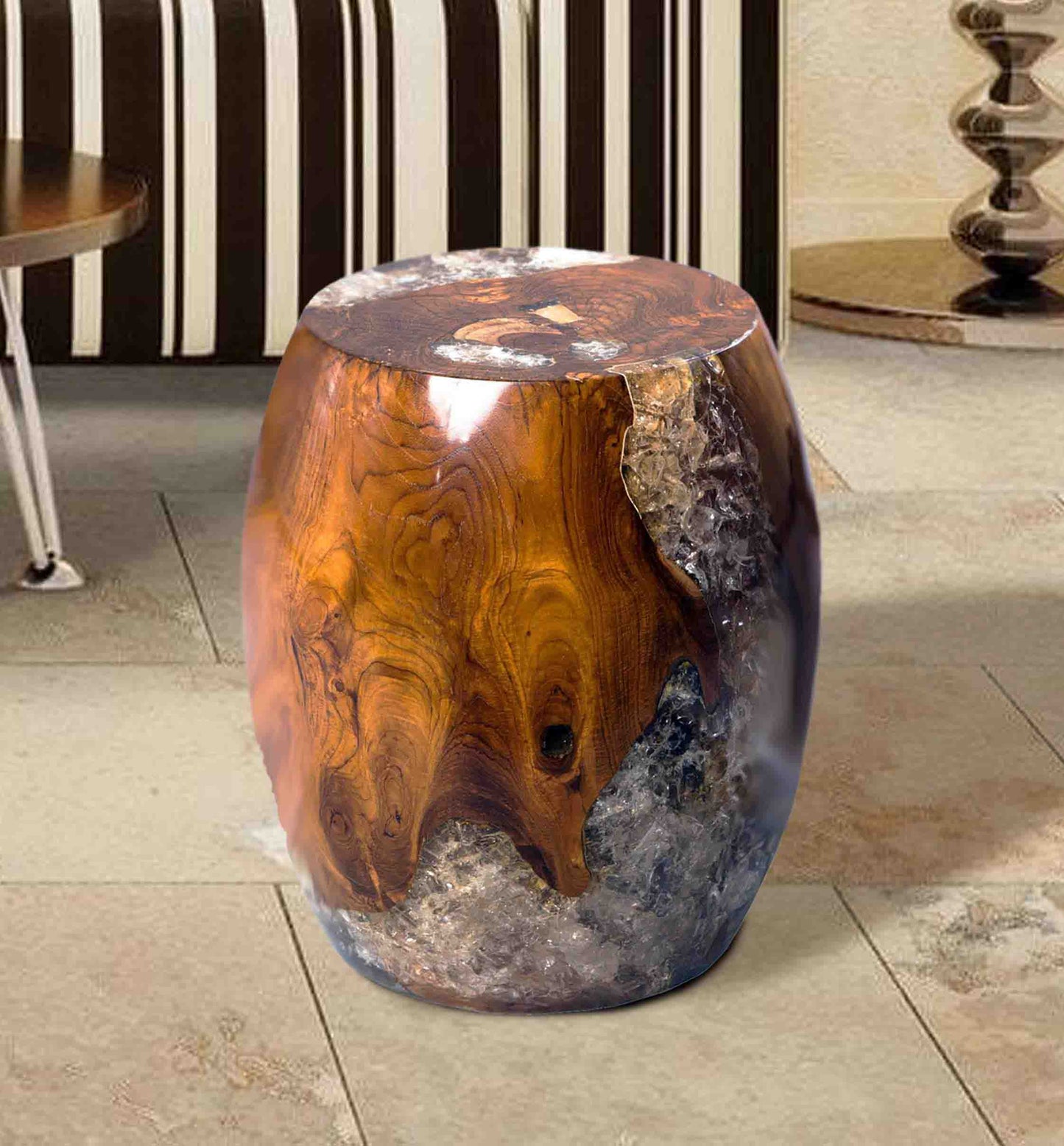 Teak Root and Resin Drum Stool CR-2030 | Resin Side Tables | Modishstore - 4