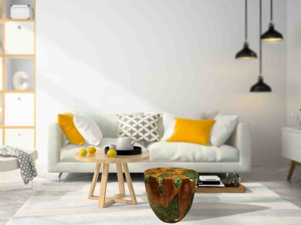 Teak Root & Cracked Resin Round Stool- Green | Stools | Modishstore - 4