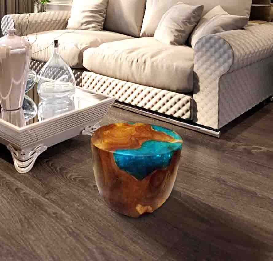 Teak Root & Cracked Resin Round Stools - Sea Blue | Stools | Modishstore - 5