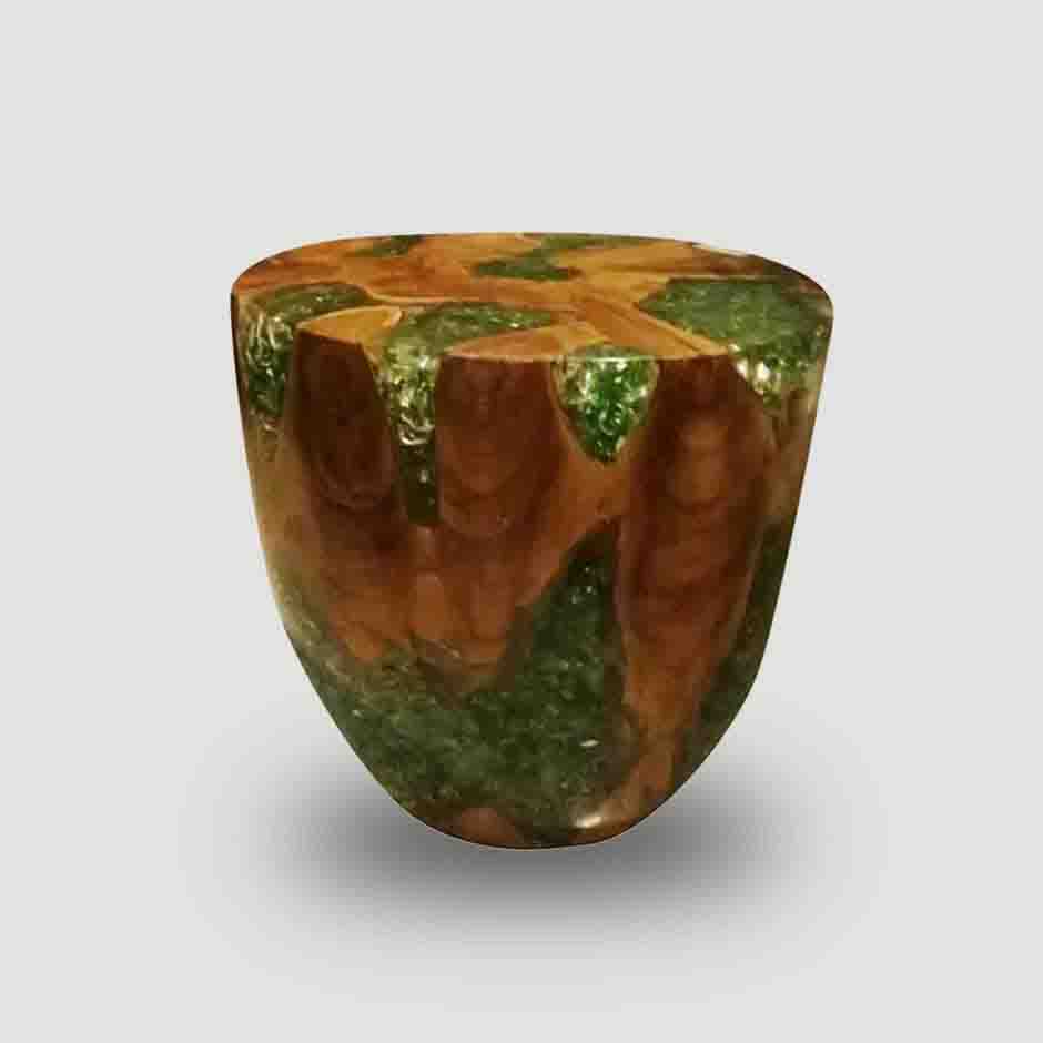 Teak Root & Cracked Resin Round Stool- Green | Stools | Modishstore - 7