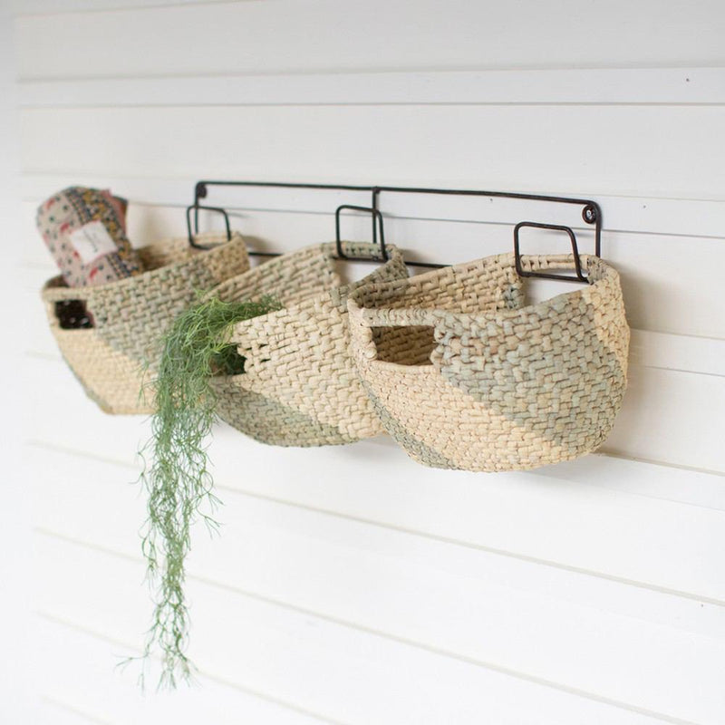 Kalalou Set Of 3 Hanging Woven Seagrass Baskets On Recycled Metal Frame | Modishstore | Bins, Baskets & Buckets