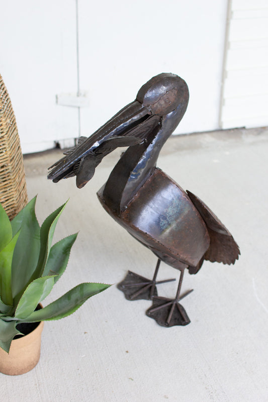 Kalalou Rustic Recyled Metal Pelican With Fish | Modishstore | Sculptures