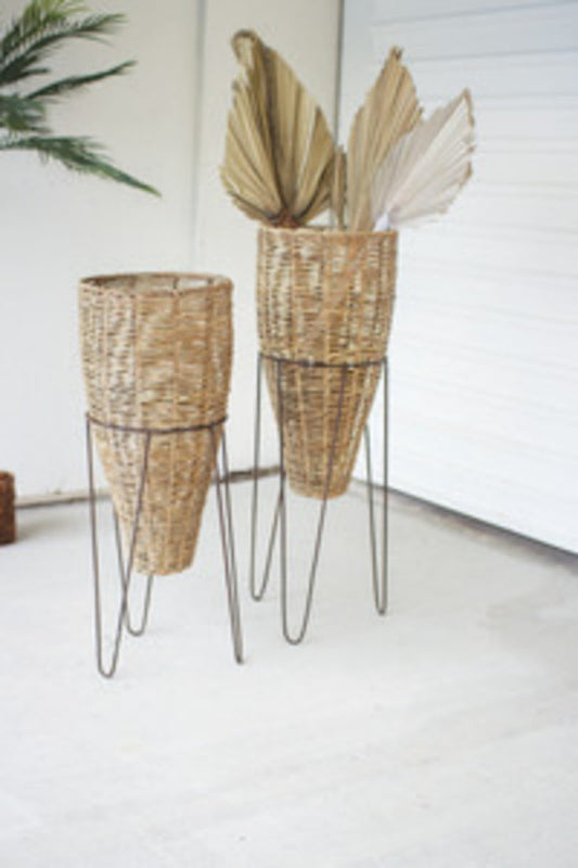 Seagrass Cone Planters with Iron Stands Set of 2 by Kalalou | Modishstore | Stands