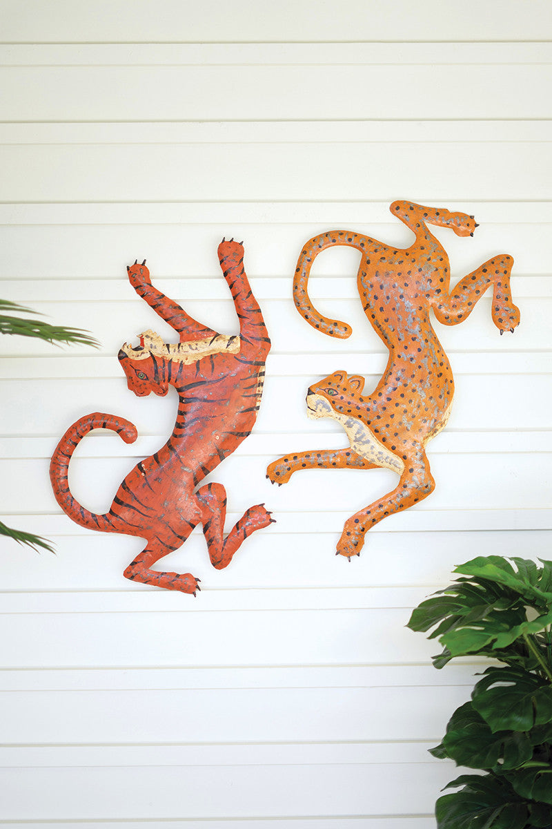 Hand Hammered Recycled Cheetah And Tiger Wall Hanging Set Of 2  By Kalalou | Wall Decor |  Modishstore 