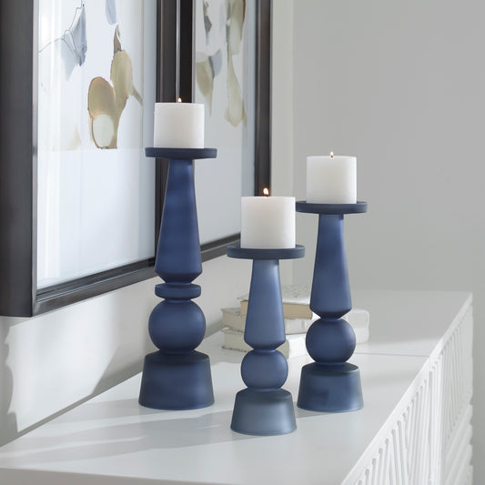 Uttermost Cassiopeia Blue Glass Candleholders, S/3 | Modishstore | Candle Holders
