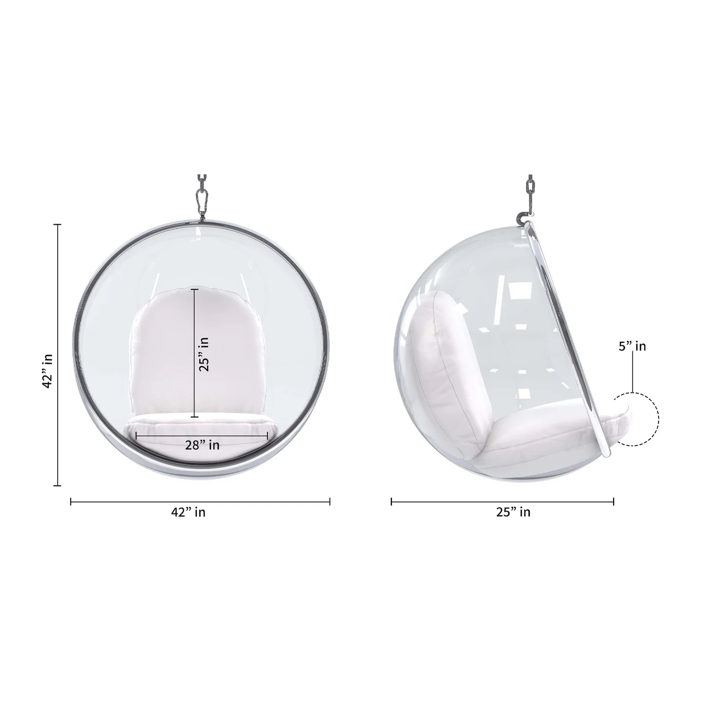 Hanging Bubble Chair, White Cushions By World Modern Design | Outdoor Porch Swings | Modishstore - 2