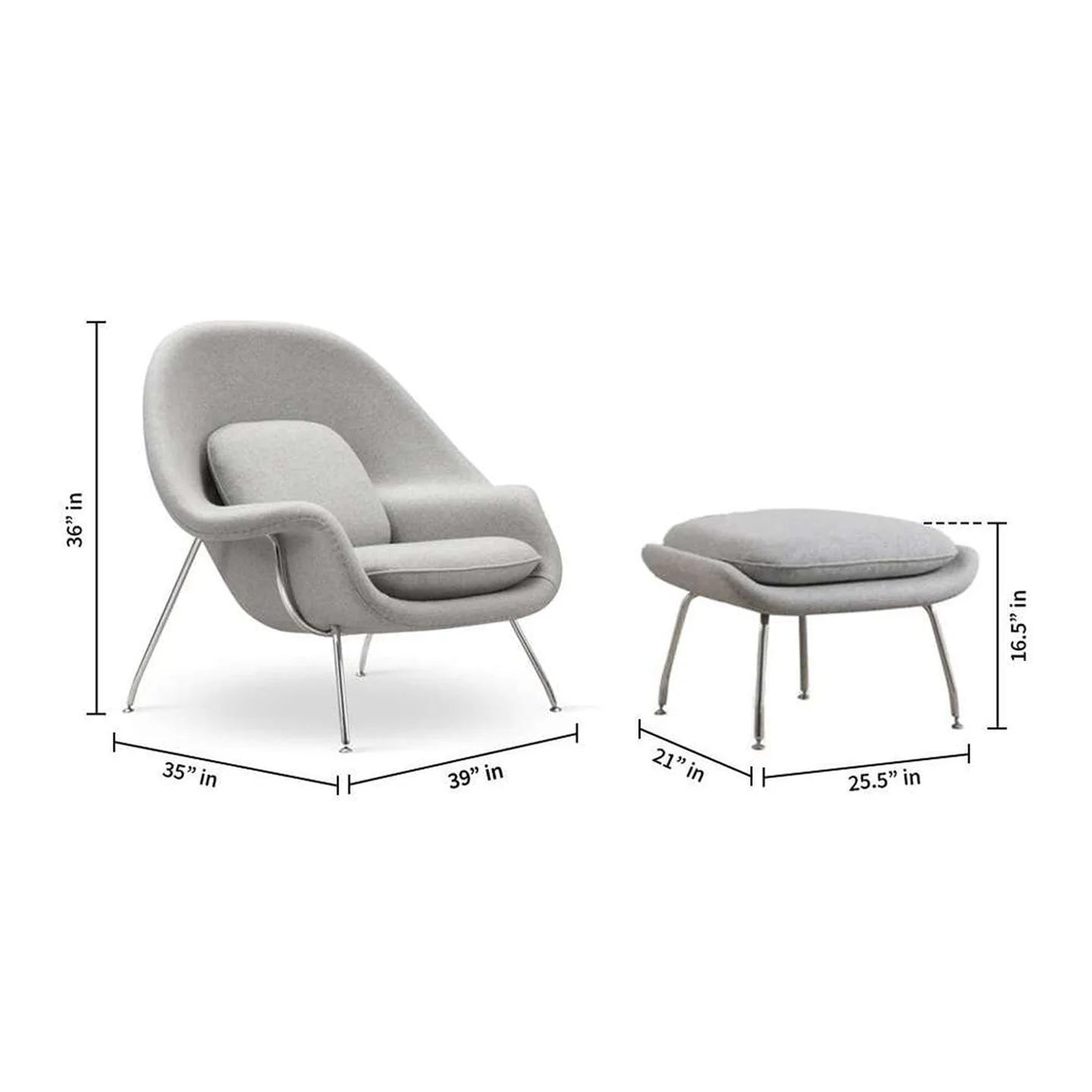 Haven Lounge Chair & Ottoman, Light Gray By World Modern Design | Lounge Chairs | Modishstore - 2