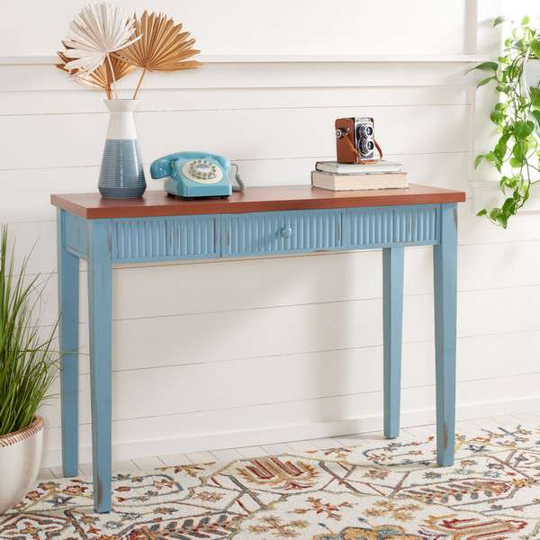 Safavieh Beale Console With Storage Drawer - Blue With Oak | Console Tables | Modishstore