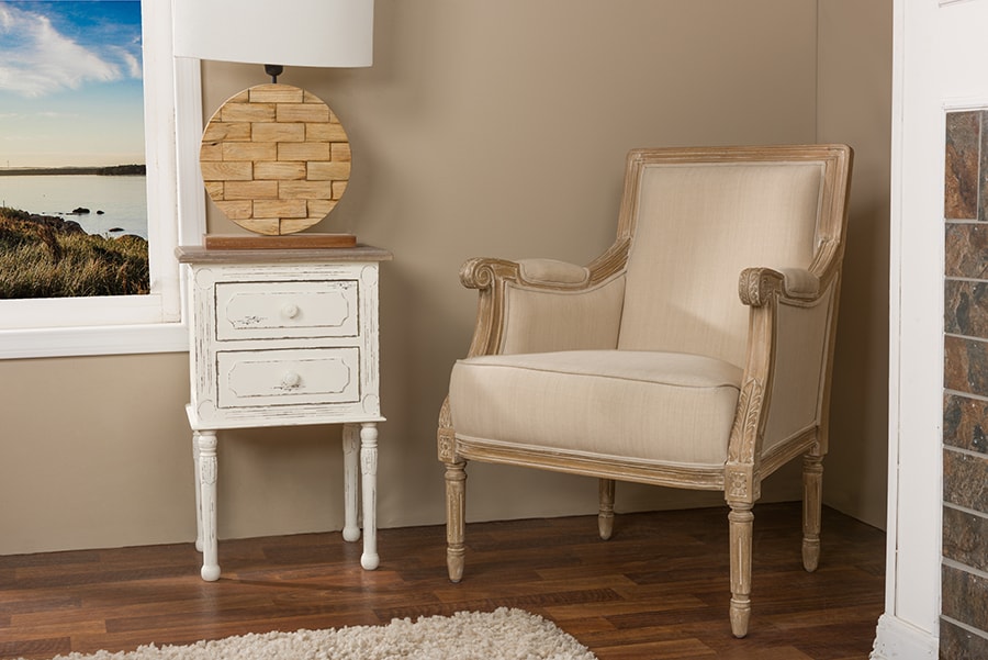 Baxton Studio Chavanon Wood & Light Beige Linen Traditional French Accent Chair | Modishstore | Accent Chairs