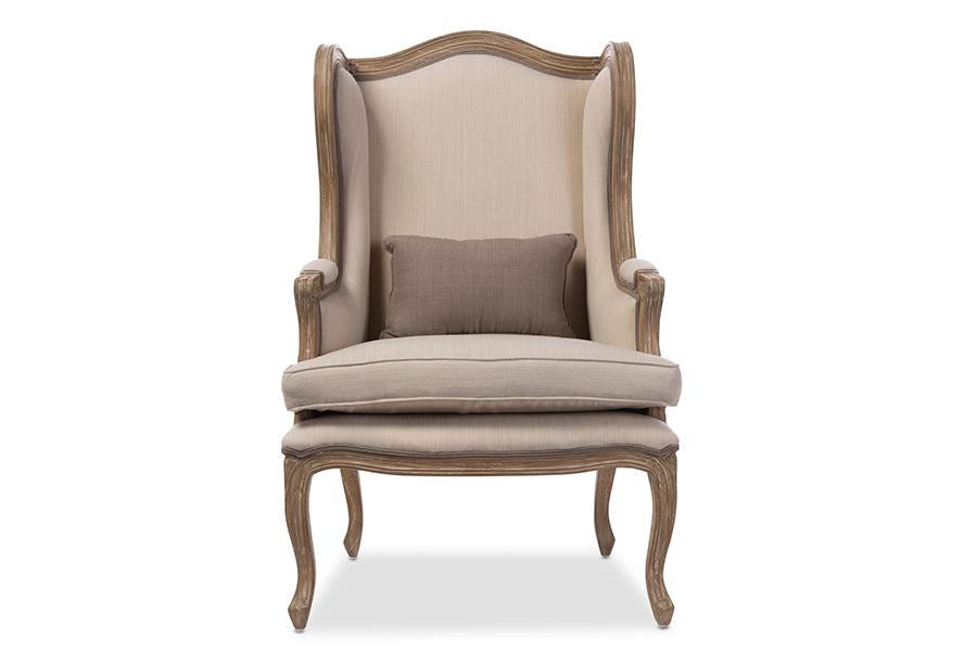 Baxton Studio Oreille French Provincial Style White Wash Distressed Two-tone Beige Upholstered Armchair | Modishstore | Armchairs