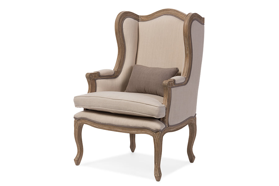 baxton studio oreille french provincial style white wash distressed two tone beige upholstered armchair | Modish Furniture Store-2