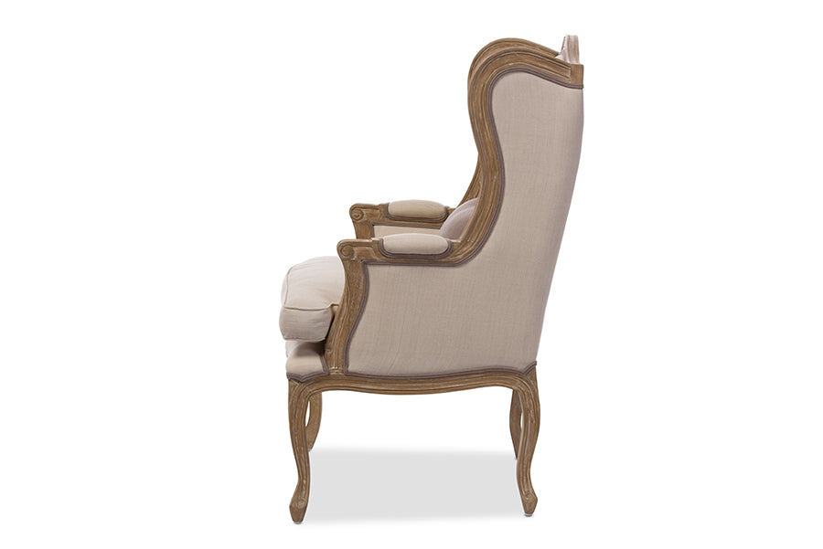 baxton studio oreille french provincial style white wash distressed two tone beige upholstered armchair | Modish Furniture Store-3