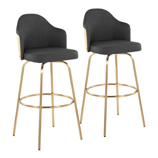 Ahoy Contemporary Fixed-Height Bar Stool with Gold Metal Legs and Round Gold Metal Footrest with Charcoal Fabric Seat and Natural Bamboo Back By LumiSource - Set of 2 | Bar Stools | Modishstore
