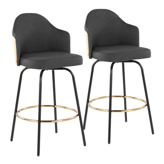 Ahoy Contemporary Fixed-Height Bar Stool with Black Metal Legs and Round Gold Metal Footrest with Charcoal Fabric Seat and Natural Bamboo Back By LumiSource - Set of 2 | Bar Stools | Modishstore