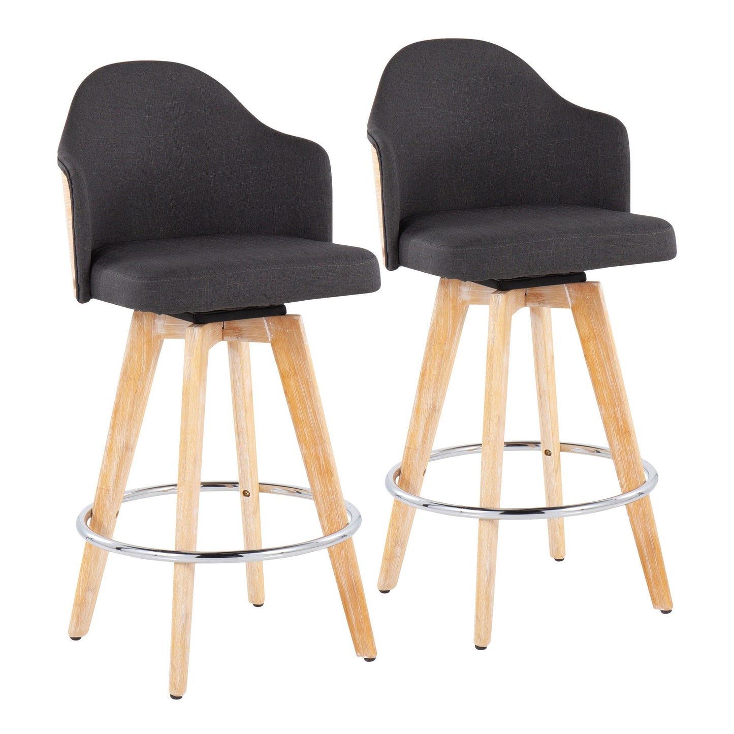 Ahoy Contemporary Fixed-Height Counter Stool with Natural Bamboo Legs and Round Chrome Metal Footrest with Charcoal Fabric Seat and Natural Bamboo Back By LumiSource - Set of 2 | Counter Stools | Modishstore