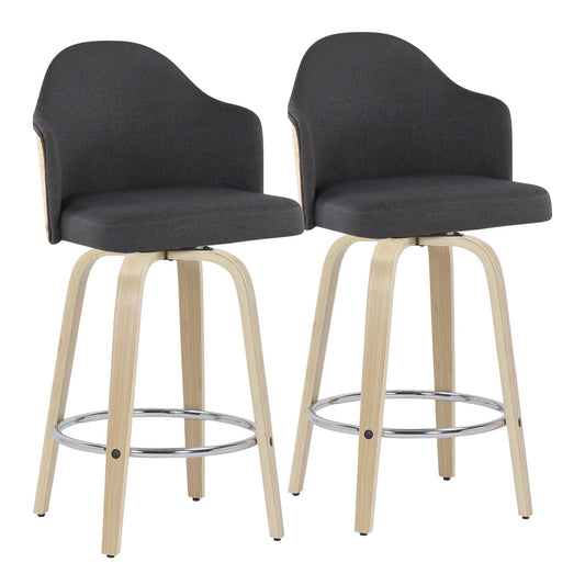 Ahoy Mid-Century Modern Fixed-Height Counter Stool with Natural Wood Legs and Round Chrome Footrest with Charcoal Fabric Seat and Natural Bamboo Back By LumiSource - Set of 2 | Counter Stools | Modishstore