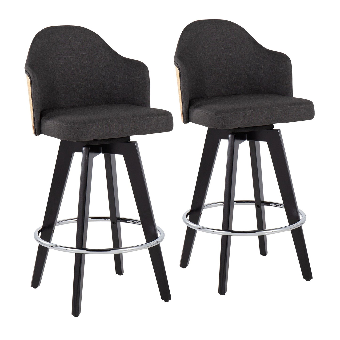 Ahoy Contemporary 26" Fixed-Height Counter Stool with Black Wood Legs and Round Chrome Metal Footrest with Charcoal Fabric Seat and Natural Bamboo Back By LumiSource - Set of 2 | Counter Stools | Modishstore