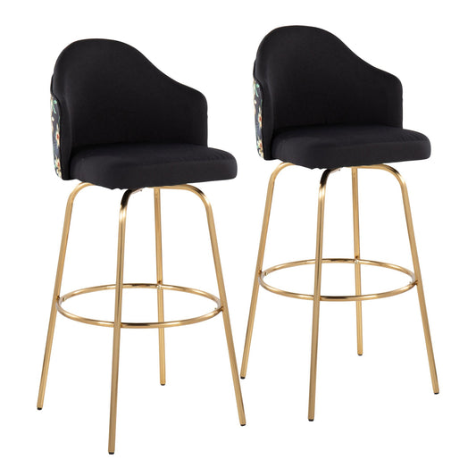 Ahoy Contemporary Fixed-Height Bar Stool with Gold Metal Legs and Round Gold Metal Footrest with Black Fabric Seat and Floral Print Accent By LumiSource - Set of 2 | Bar Stools | Modishstore