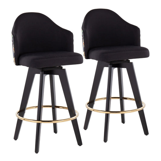 Ahoy Contemporary 26" Fixed-Height Counter Stool with Black Wood Legs and Round Gold Metal Footrest with Black Fabric Seat and Floral Print Accent By LumiSource - Set of 2 | Counter Stools | Modishstore
