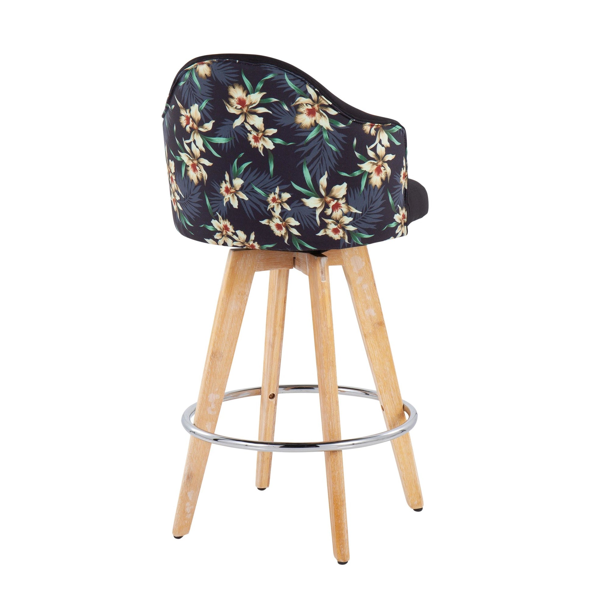 Ahoy Contemporary Fixed-Height Counter Stool with Natural Bamboo Legs and Round Chrome Footrest with Black Fabric Seat and Floral Print Accent By LumiSource - Set of 2 | Counter Stools | Modishstore - 7