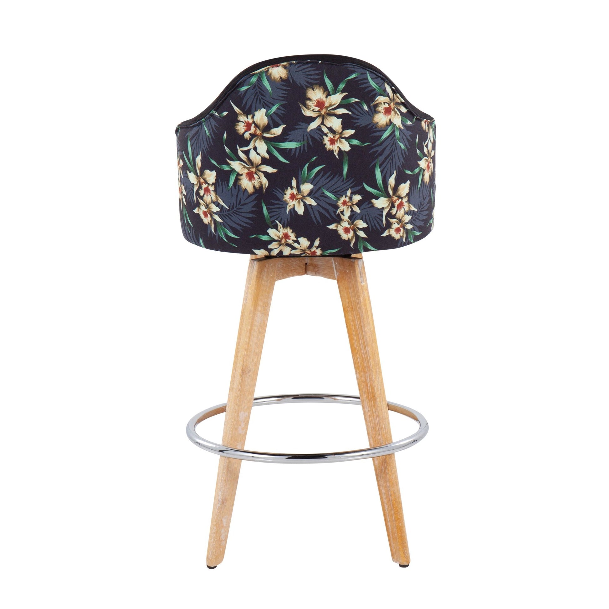 Ahoy Contemporary Fixed-Height Counter Stool with Natural Bamboo Legs and Round Chrome Footrest with Black Fabric Seat and Floral Print Accent By LumiSource - Set of 2 | Counter Stools | Modishstore - 8