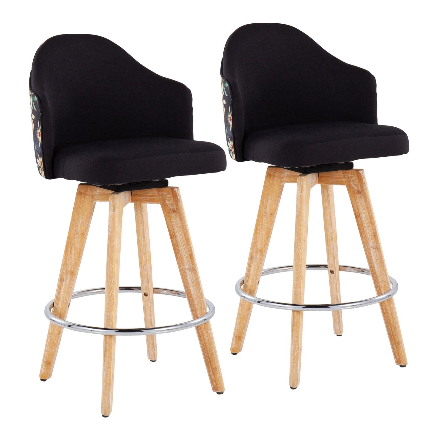 Ahoy Contemporary Fixed-Height Counter Stool with Natural Bamboo Legs and Round Chrome Footrest with Black Fabric Seat and Floral Print Accent By LumiSource - Set of 2 | Counter Stools | Modishstore